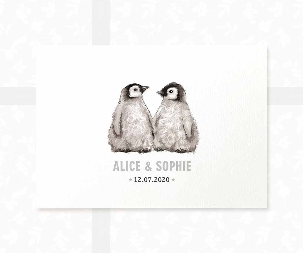Penguin Personalised Baby Name Print for Twins