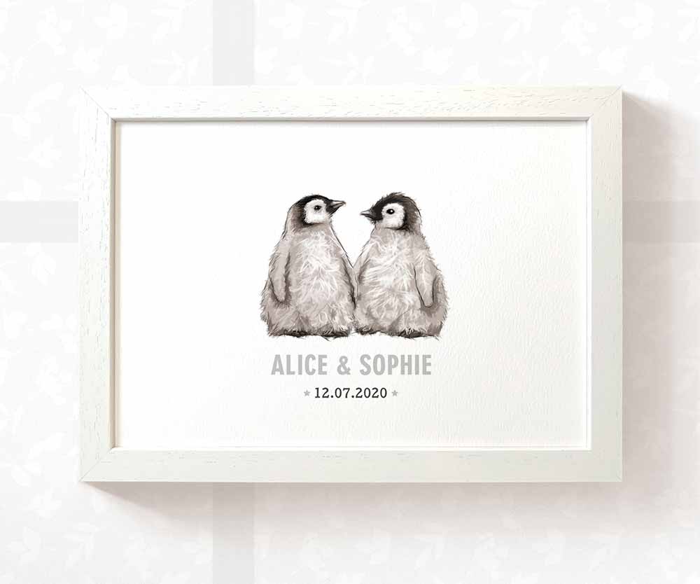 Penguin Personalised Baby Name Print for Twins