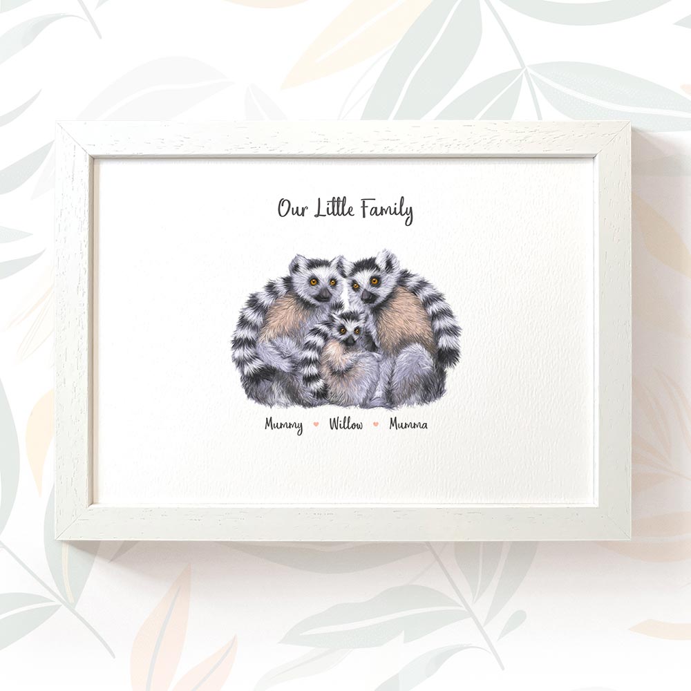 Lemur family portrait personalised with names displayed in an A4 white wood frame for a thoughful gift for mum