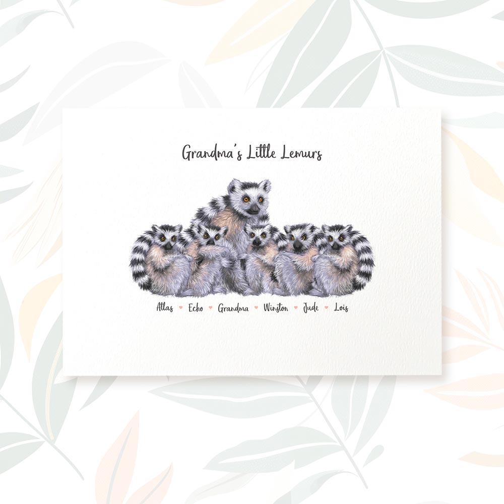 A4 ring-tailed lemur family print personalised with names for the perfect mothers day gift