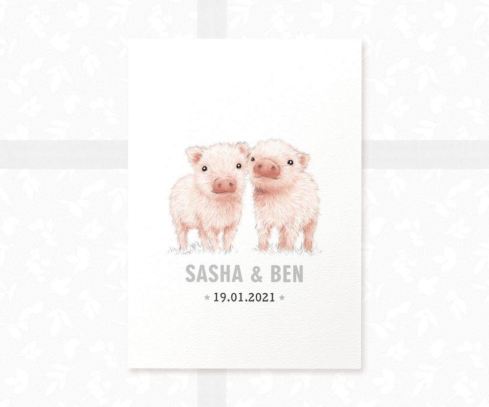 Pig Personalised Baby Name Print for Twins