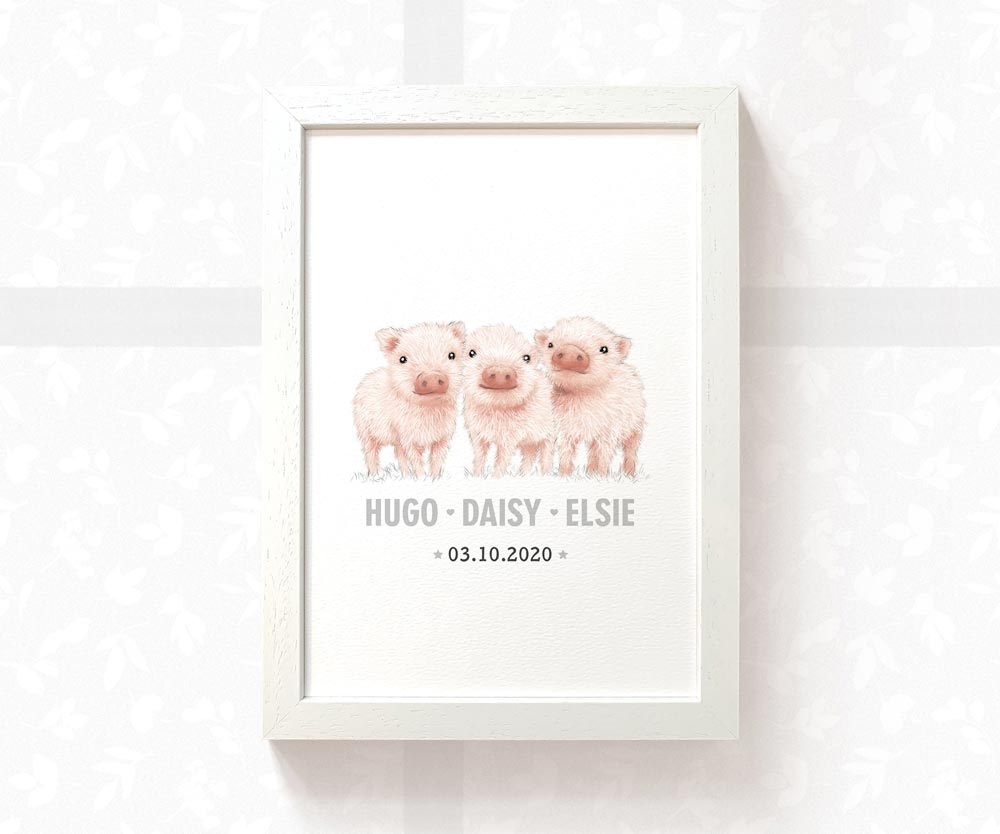 Pig Personalised Baby Name Print for Triplets