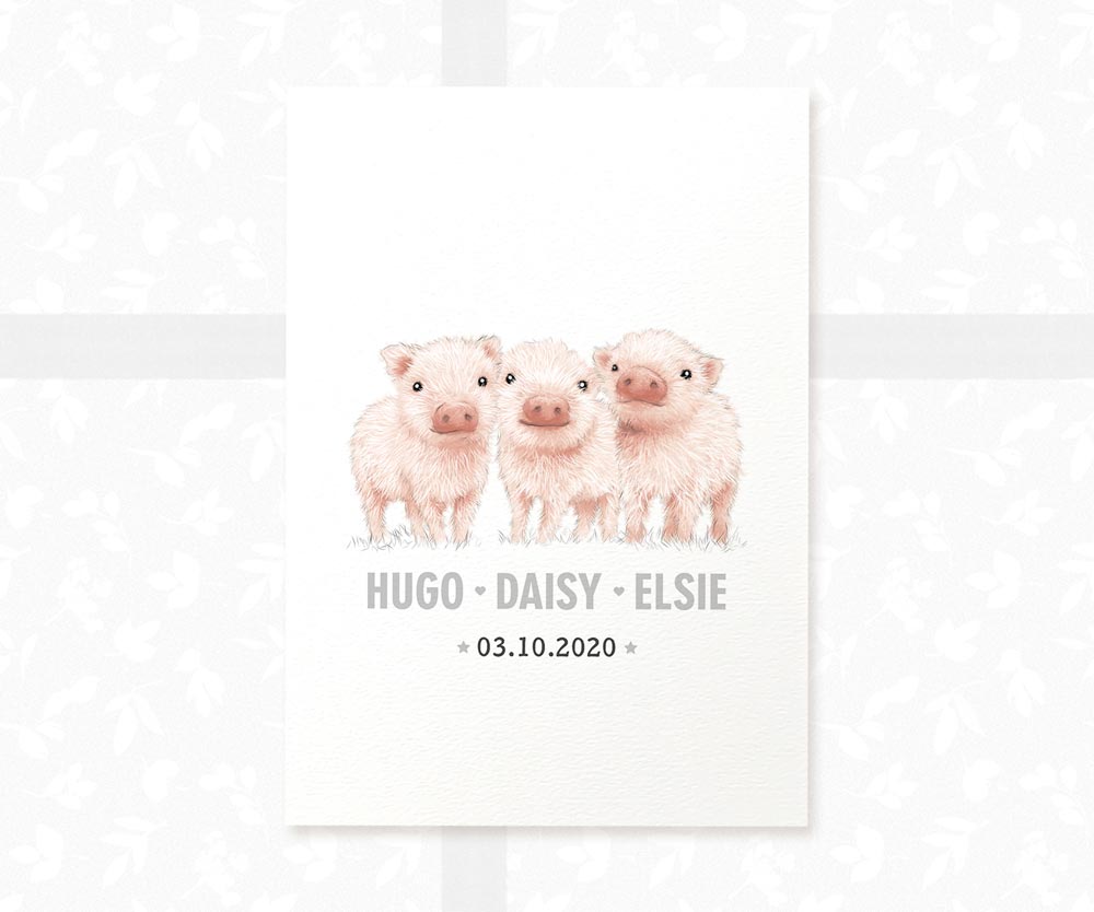 Pig Personalised Baby Name Print for Triplets