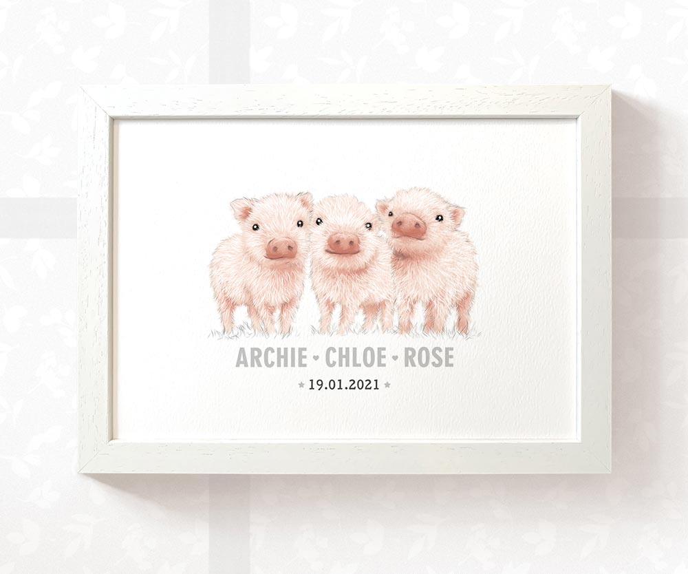 Pig Personalised Baby Name Print for Triplets