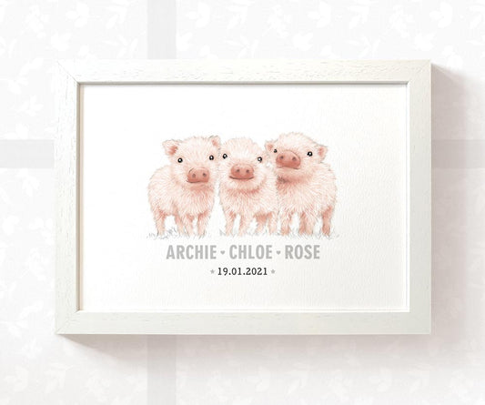 Pig Personalised Baby Name Print for Triplets