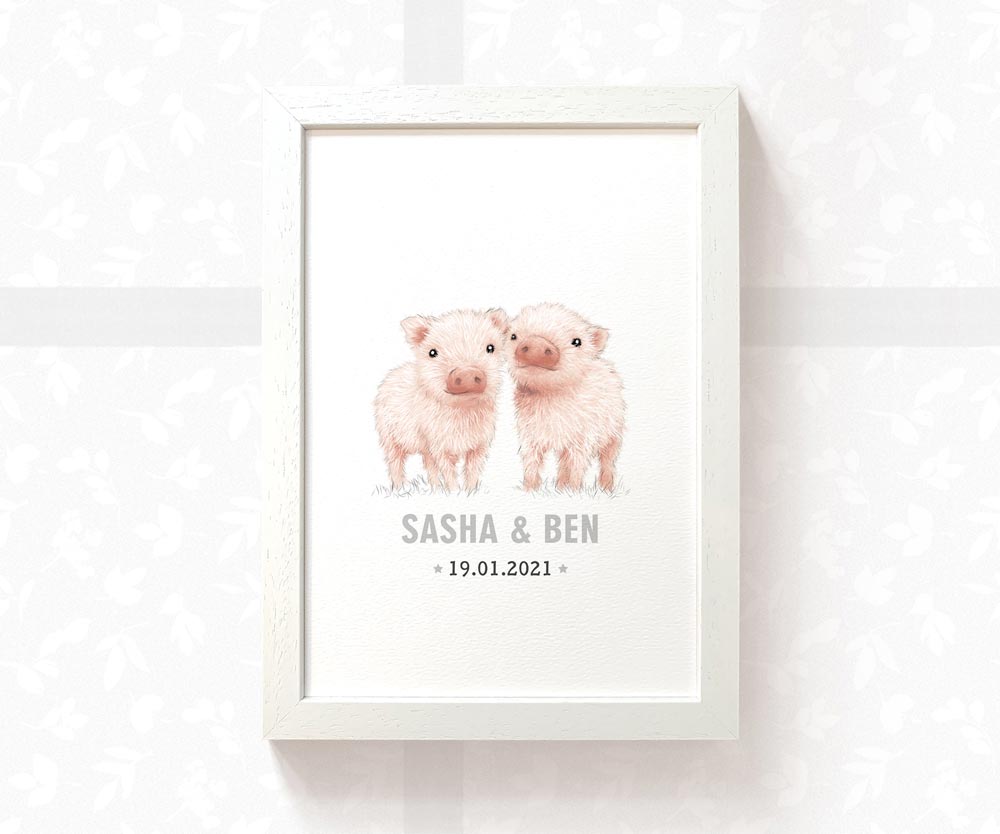 Pig Personalised Baby Name Print for Twins