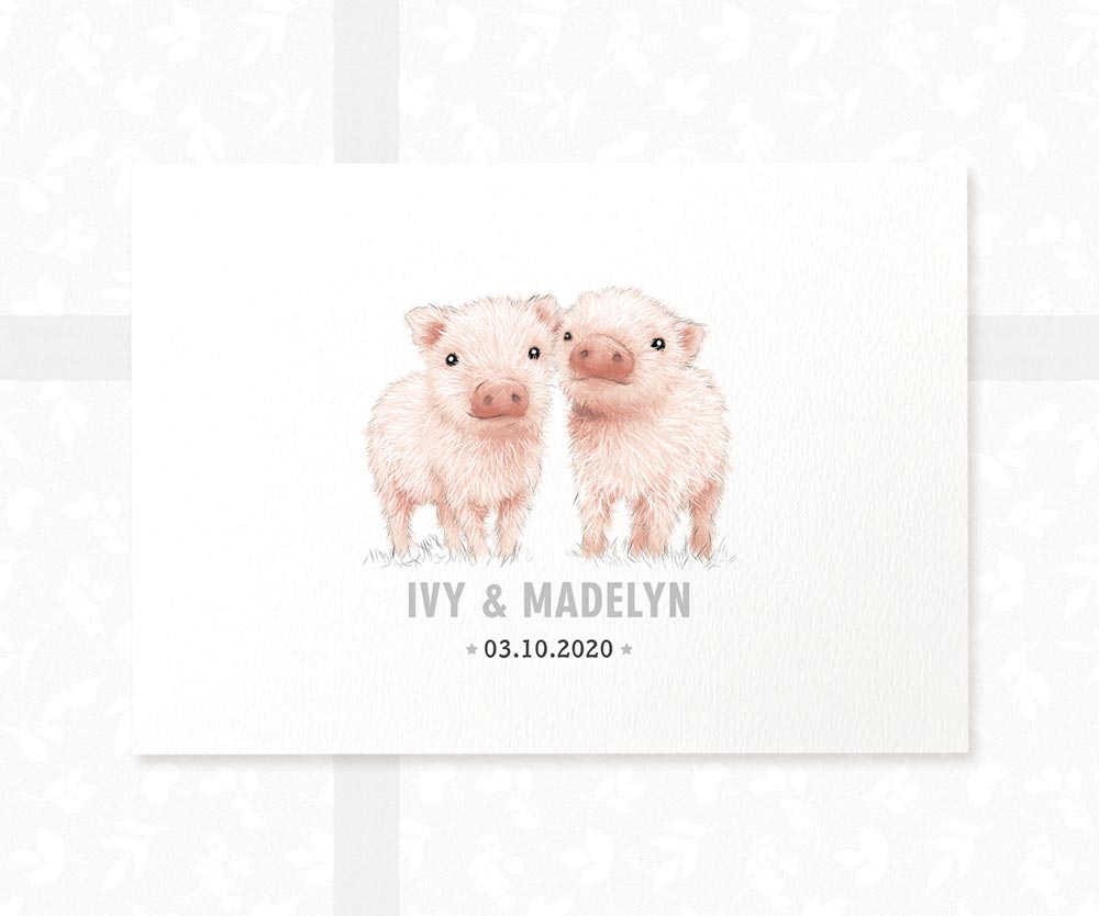 Pig Personalised Baby Name Print for Twins