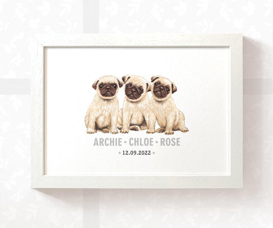 Pug Personalised Baby Name Print for Triplets