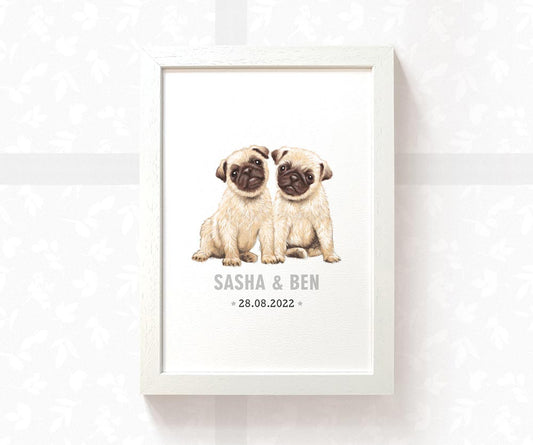 Pug Personalised Baby Name Print for Twins
