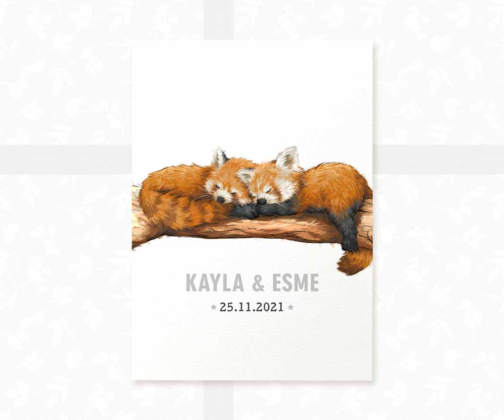 Red Panda Personalised Baby Name Print for Twins