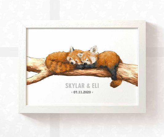 Red Panda Personalised Baby Name Print for Twins