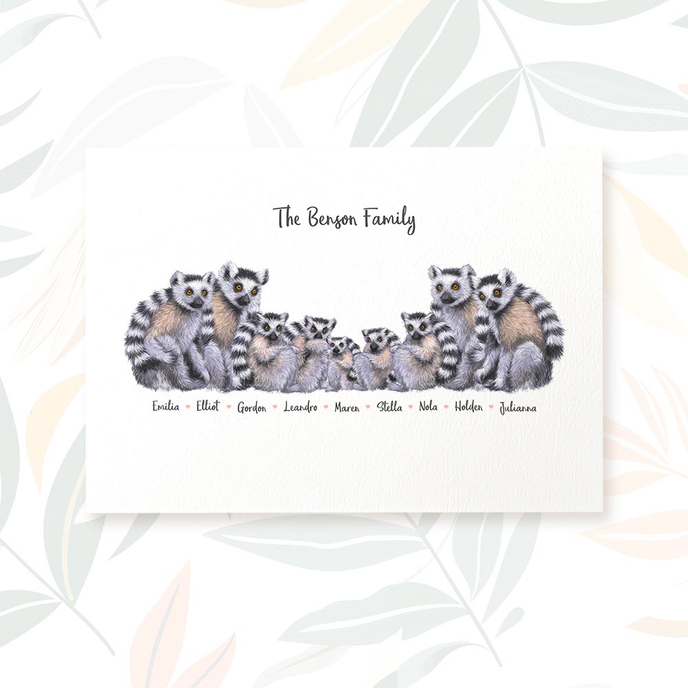 Printed A4 illustration of a lemur family personalised with names for a special mothers day present
