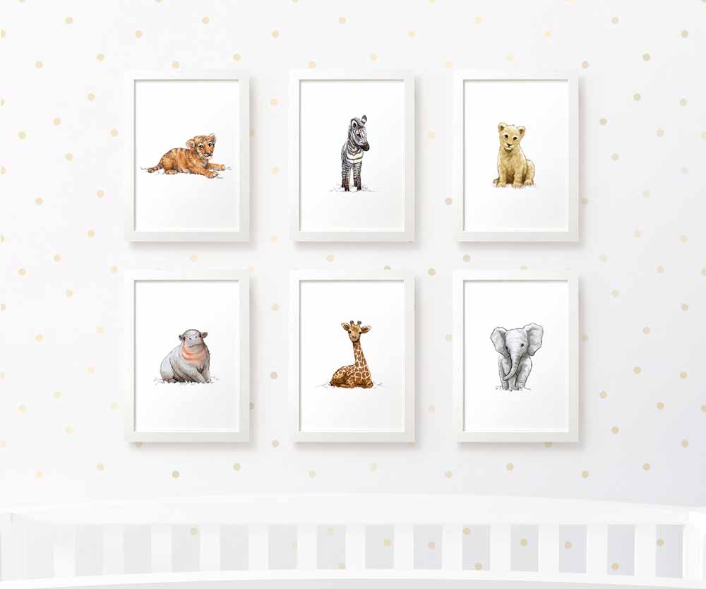 Set of 6 baby safari animal prints for the nursery including tiger zebra lion hippo giraffe and elephant