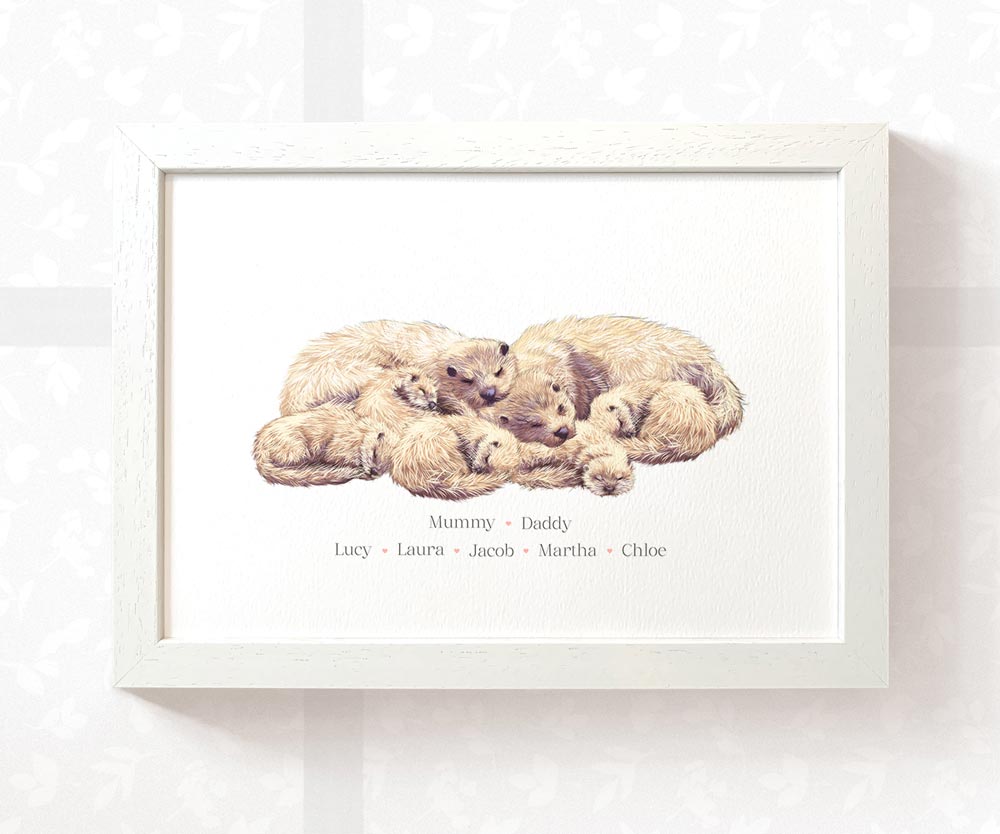 Framed otter family portrait with personalised names for the perfect birthday gift for mum
