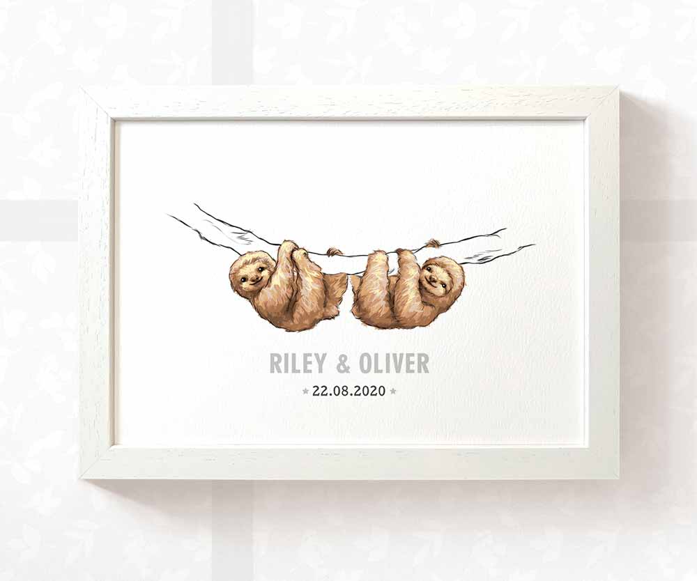 Sloth Personalised Baby Name Print for Twins