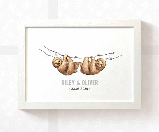 Sloth Personalised Baby Name Print for Twins