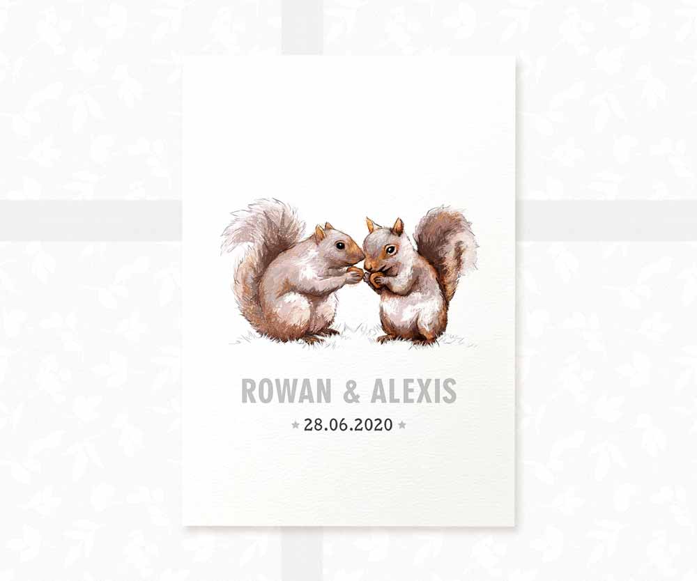 Squirrel Personalised Baby Name Print for Twins