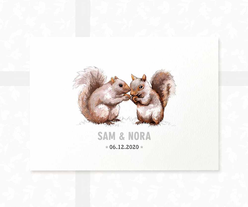 Squirrel Personalised Baby Name Print for Twins