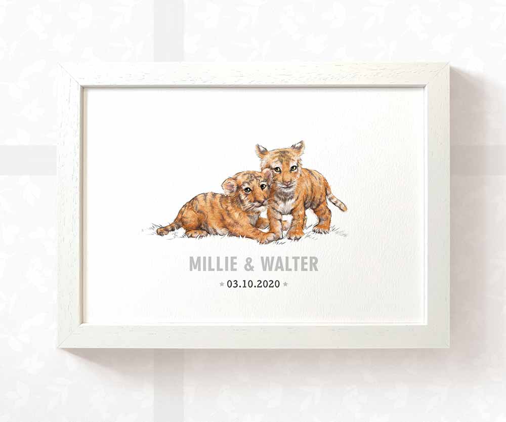 Tiger Personalised Baby Name Print for Twins