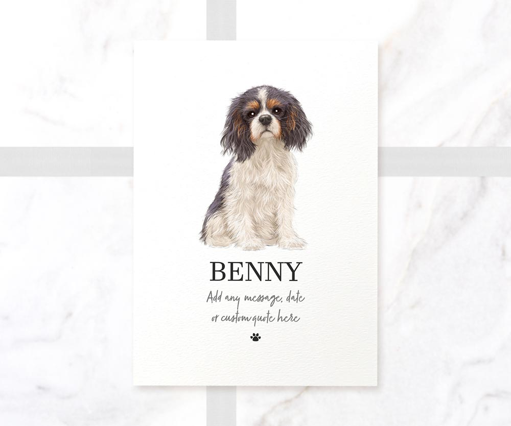 Tricolour cavalier king charles spaniel dog wall art on A4 textured paper with personalised pet name and message