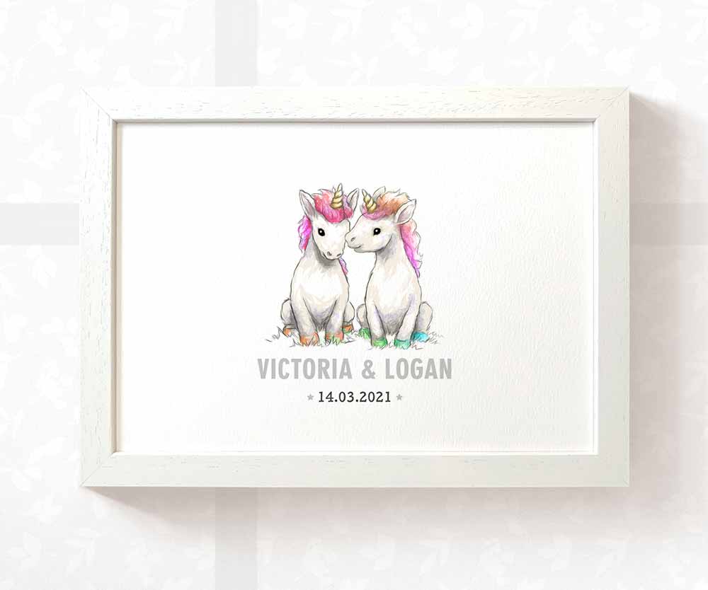 Unicorn Personalised Baby Name Print for Twins