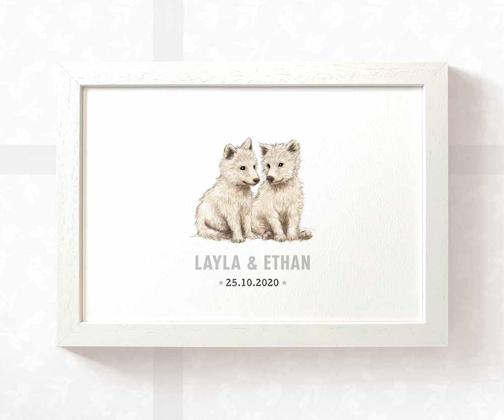 Wolf Personalised Baby Name Print for Twins