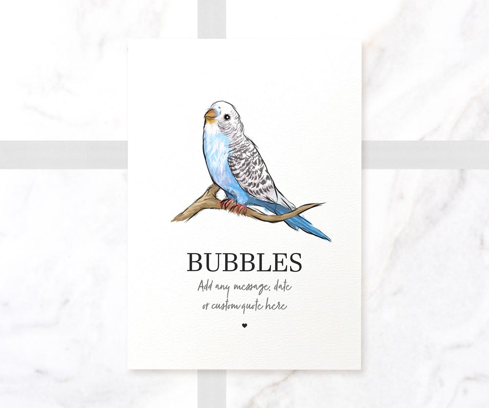 Hand-drawn blue parakeet print with custom text