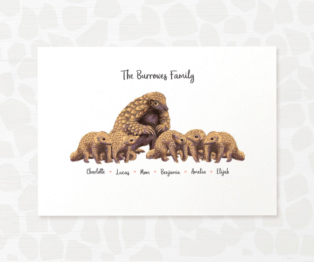 Personalized pangolin family illustration for home décor