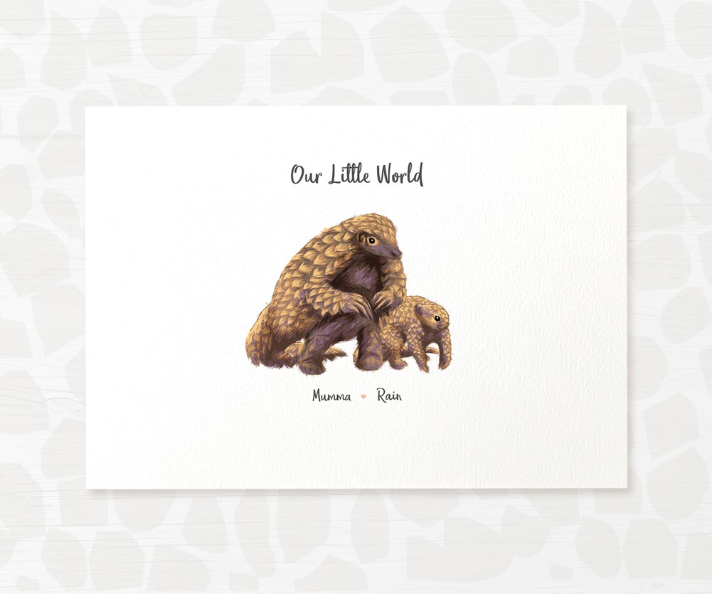 Hand-illustrated pangolin family art gift