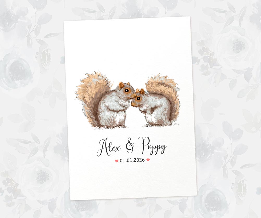Romantic squirrel print with names and hearts