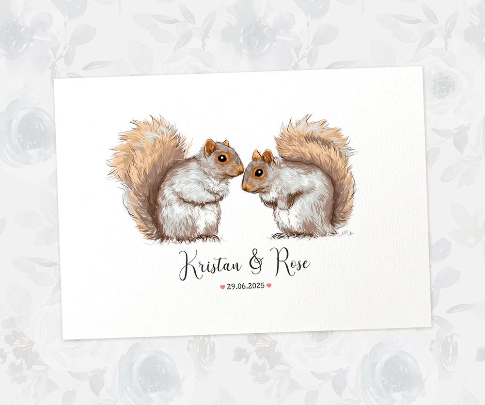 Personalized squirrel wedding illustration