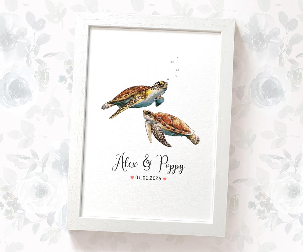 Romantic sea turtle art with names and date