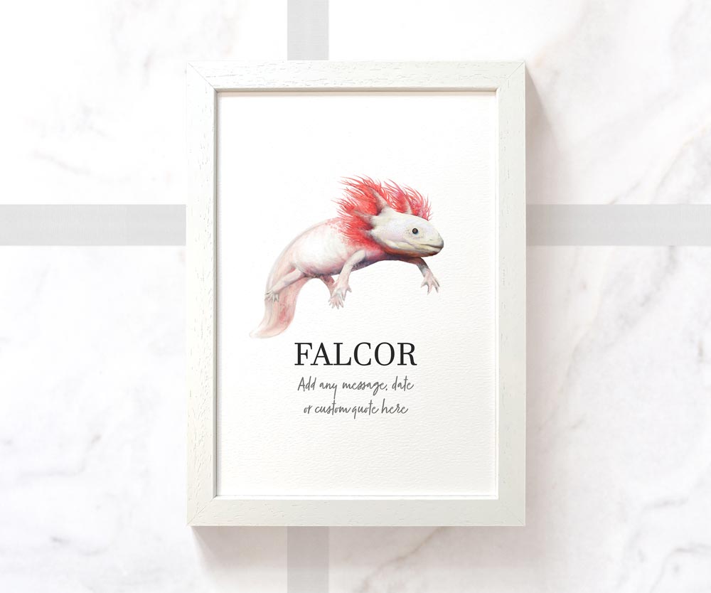 Axolotl Pink Leucistic Pet Portrait Memorial Loss Birthday Christmas Gift Name Sign Personalised Framed Art Print