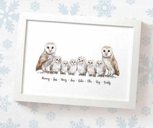 Printed and framed A4 family of 8 barn owls personalised with names for a special mothers day present