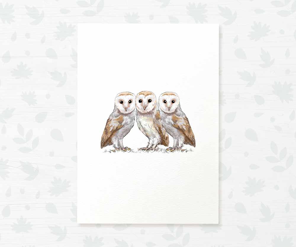 Owls Woodland Animal Nursery Print for Triplets