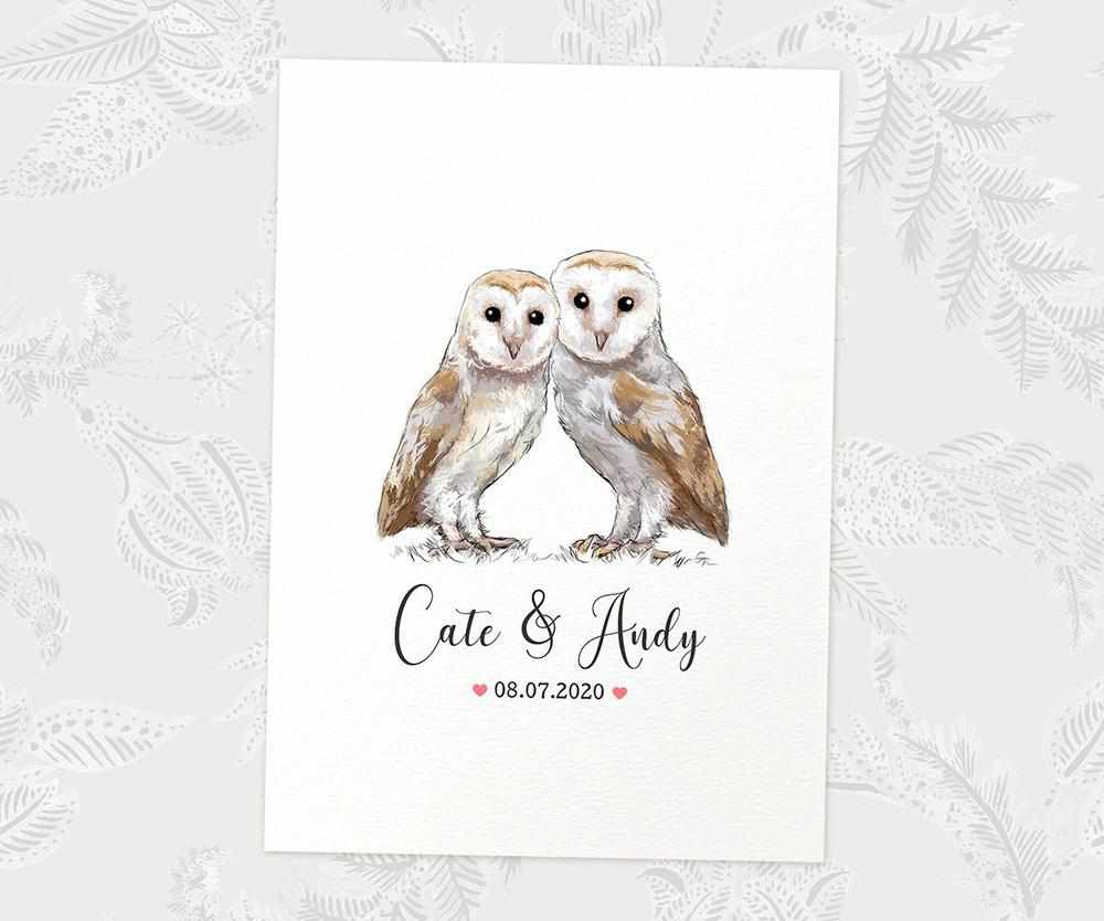 Two Owls A3 Unframed Art Print Personalized With Names And Date For A Heartwarming Valentines Day Gift