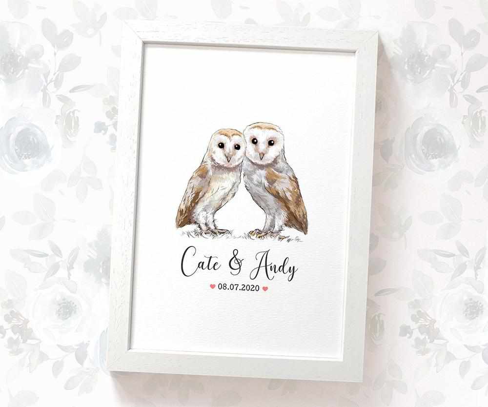 Personalized Owl Couple A4 Framed Print Featuring Names and Date For A Special First Anniversary Gift