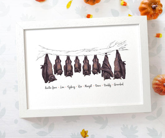 Bat family portrait personalised with names displayed in an A4 white wood frame for a thoughful gift for mum