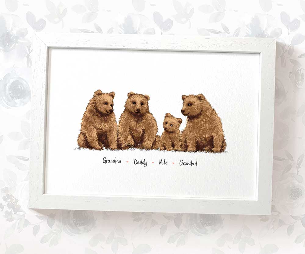 White framed A4 family portrait of 4 bears with personalised names for the perfect birthday gift for mum