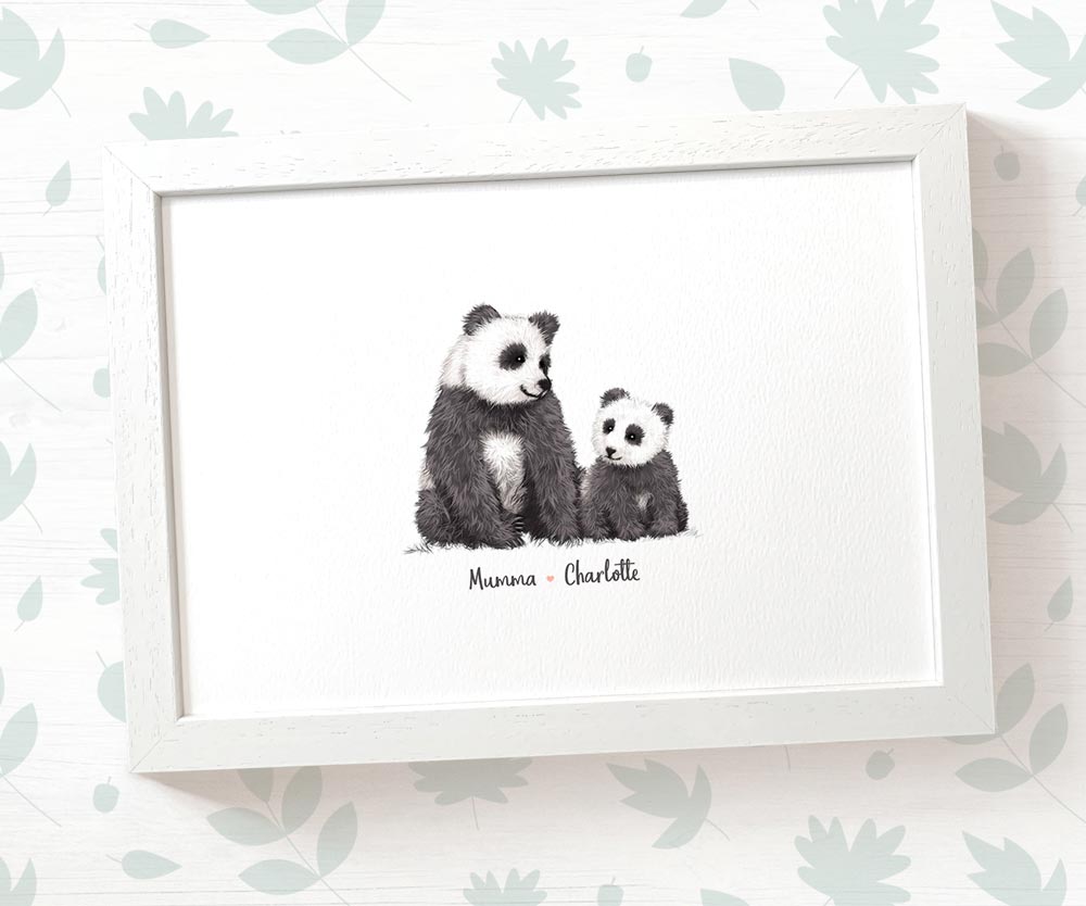 A4 framed panda family print featuring mum and baby with names for the best mothers day gift