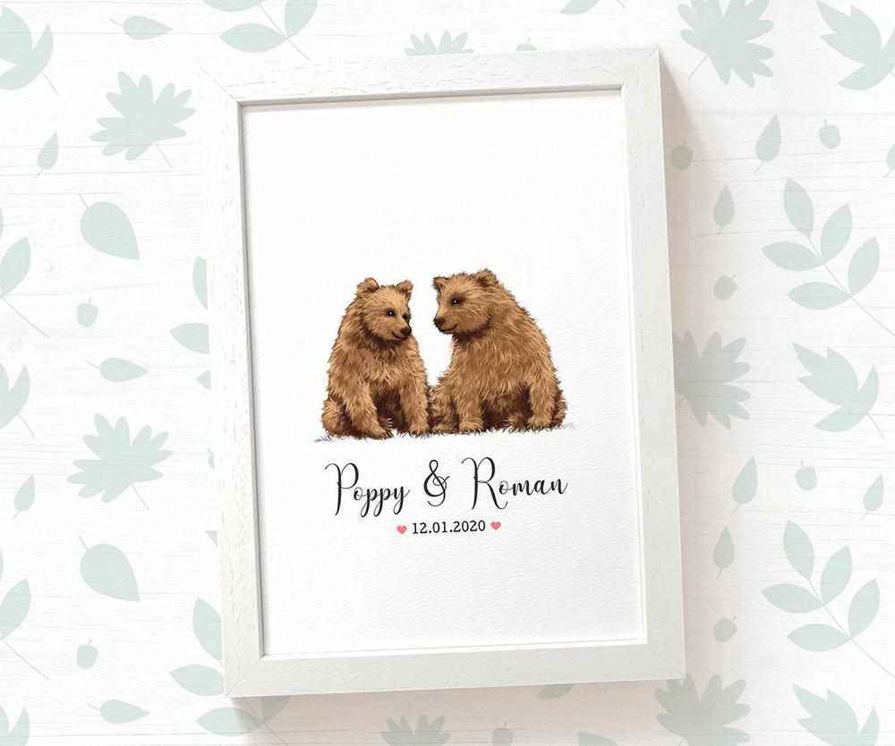 Bear Couple A4 Framed Print Personalized With Names And Date For An Exceptional First Anniversary Gift Idea