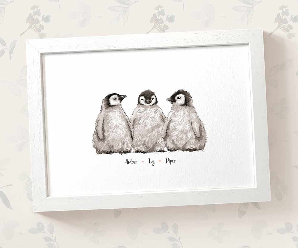Three baby penguins framed A3 family print with names for a unique baby shower gift