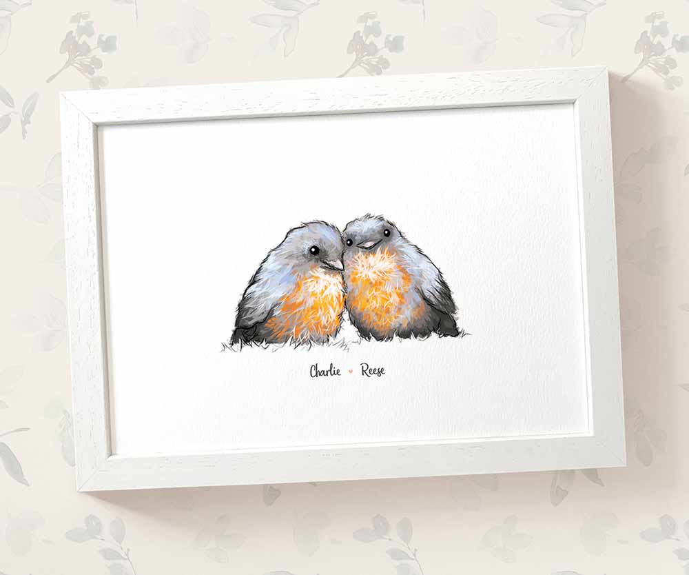 Two baby robins framed A3 family print with names for a unique baby shower gift
