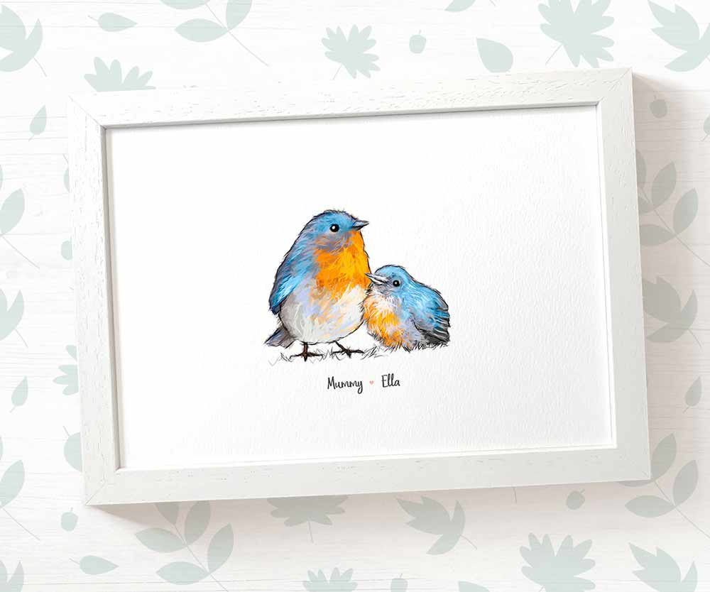 Framed A4 bluebird family print featuring mum and baby with names for the best mothers day gift