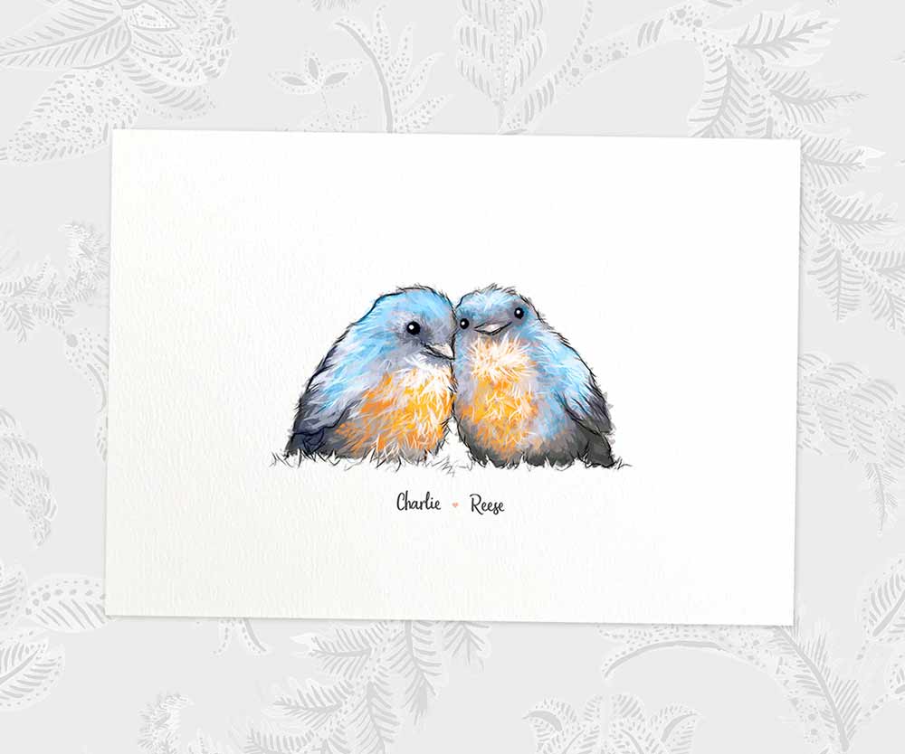 Two baby bluebirds A3 family print with names for a unique twin baby shower gift