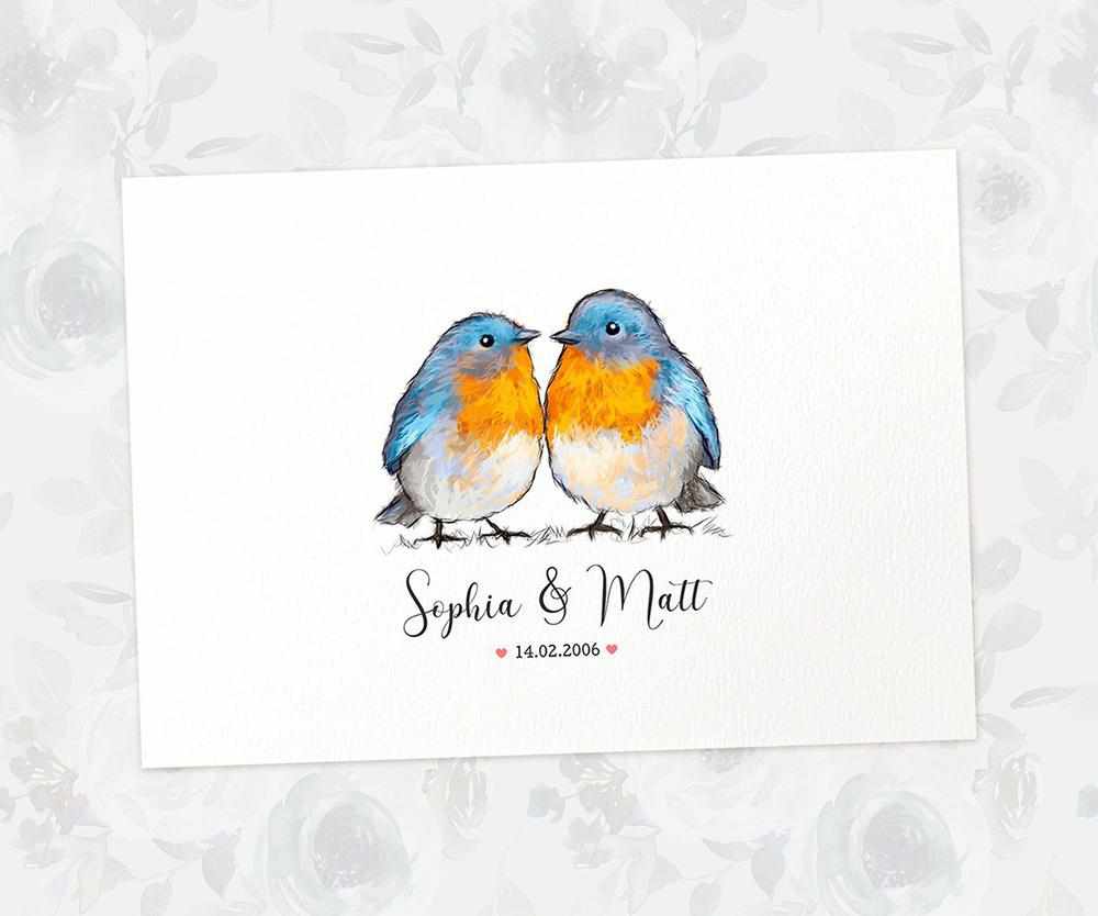 Two Bluebirds A4 Unframed Print Customized With Names And Date For A Thoughtful Valentines Day Gift