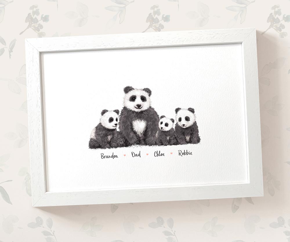 Framed A3 panda print featuring dad and 3 children with names for the best fathers day gift
