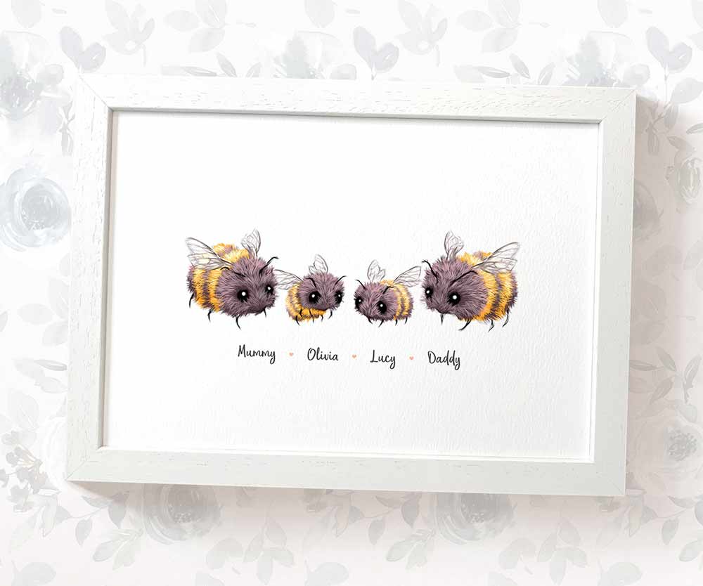White framed A4 family portrait of 4 bumblebees with personalised names for the perfect birthday gift for mum