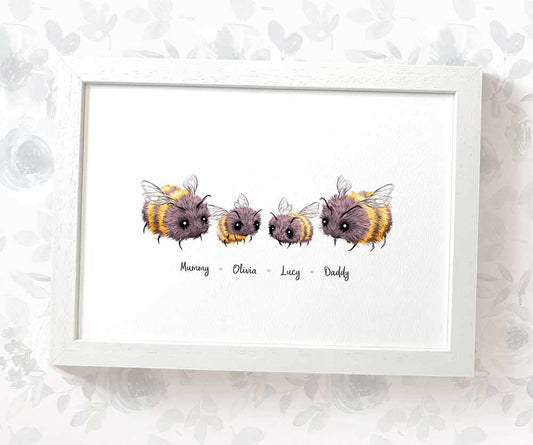 White framed A4 family portrait of 4 bumblebees with personalised names for the perfect birthday gift for mum