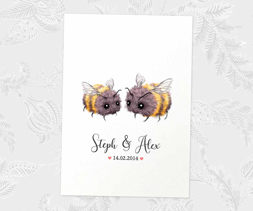 Anniversary Personalised Wedding Name Gift Animal Prints Wall Art Custom Newlywed Bride White Wood Frame UK